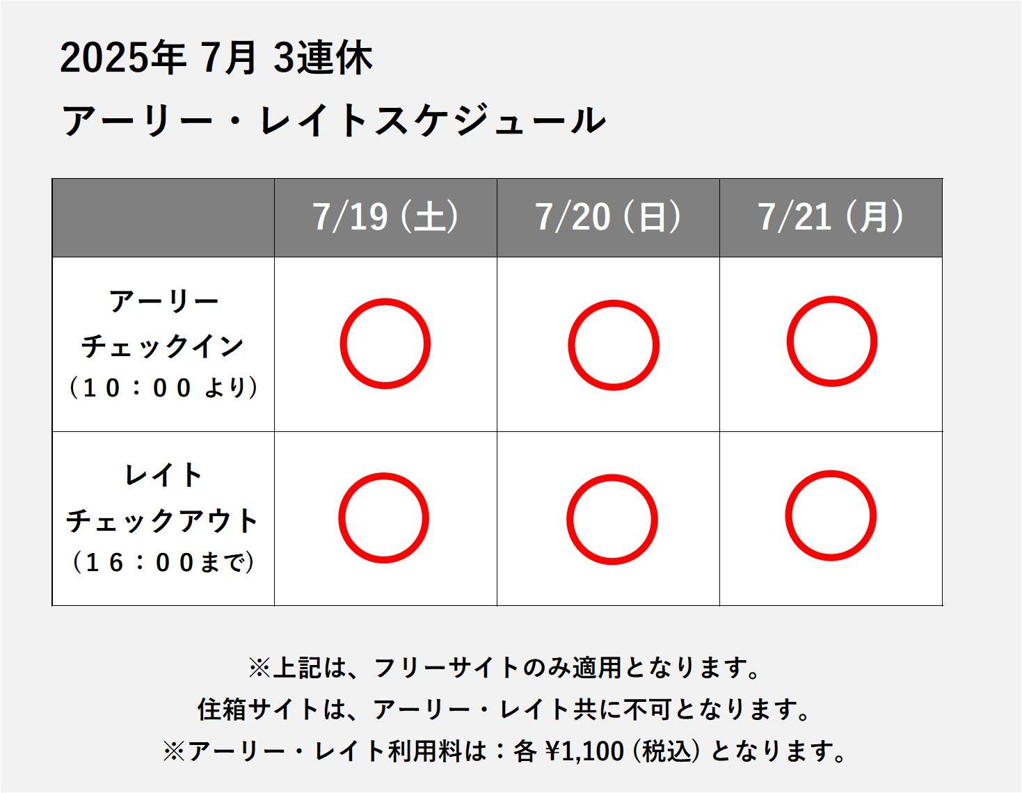 7月19日からの3連休！ アーリーチェックイン レイトチェックアウト について